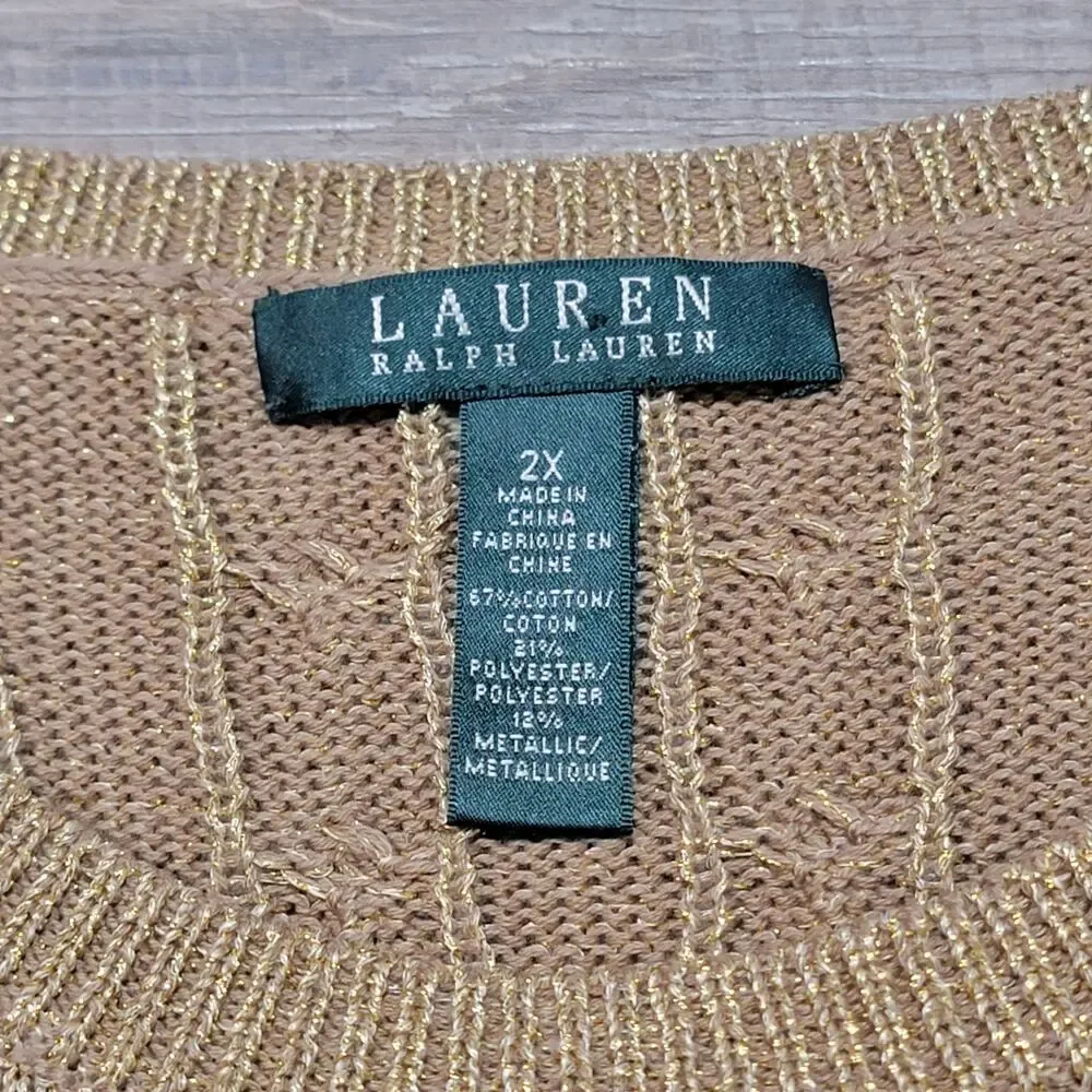 Ralph Lauren LRL Cotton Cable Knit Crew Neck Sweater Size 2X Shimmer‎ Holiday
